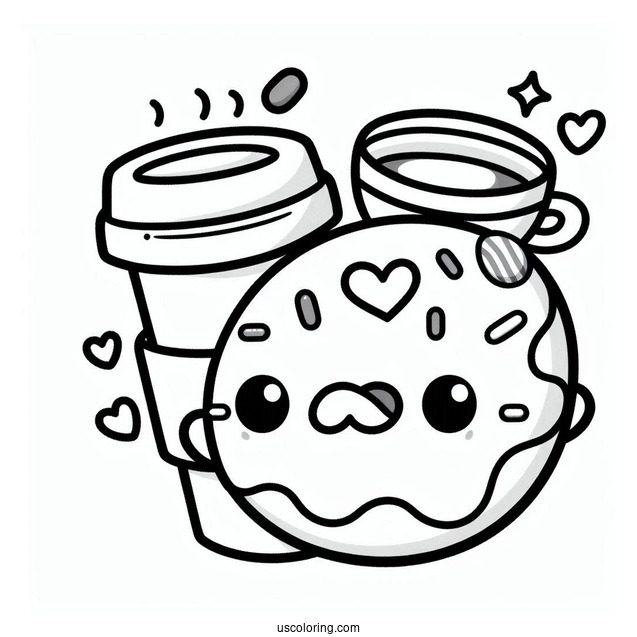 Cute Kawaii Donut And Coffee Coloring Page