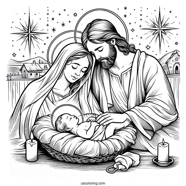 Nativity Coloring Page Of Mary And Joseph Cradling Newborn Jesus