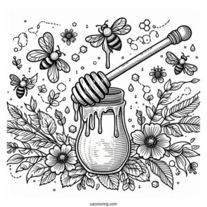 Honey Dipper Dripping With Honey And Surrounded By Bee Coloring Page
