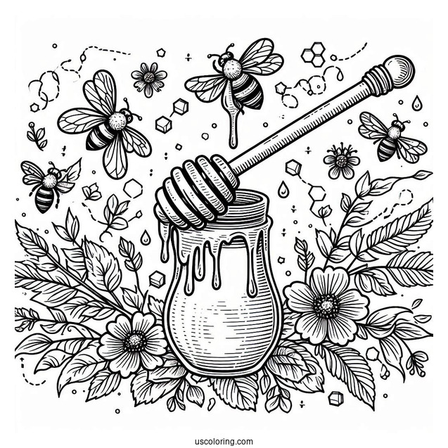 Honey Dipper Dripping With Honey And Surrounded By Bee Coloring Page