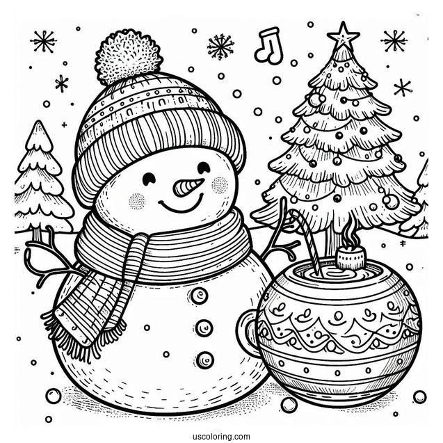 Snowman Holding Hot Chocolate In The Snow Bauble Christmas Ornaments Coloring Page