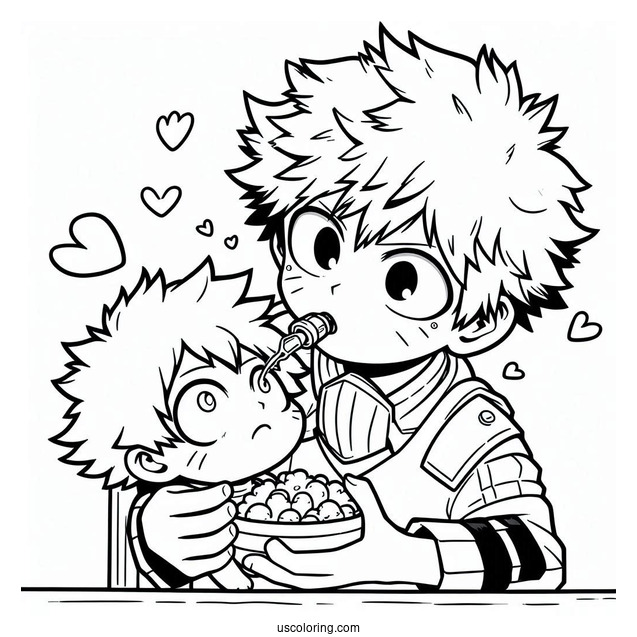 Cute Bakugo Feeding Deku Coloring Page