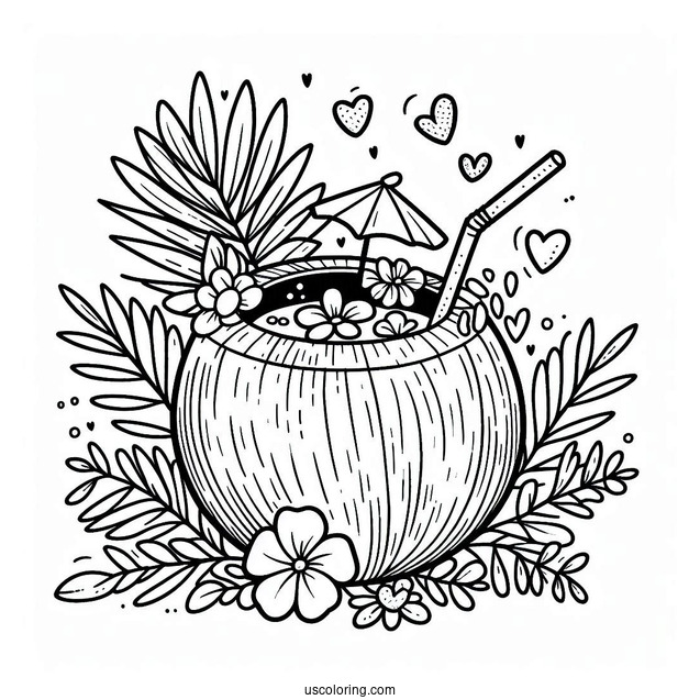 Adorable Coconut Coloring Page Drink With Flowers And Hearts For Kids