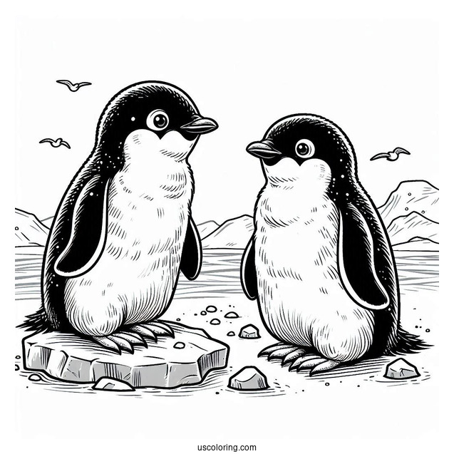 Two Adelie Penguins In Antartica Coloring Page