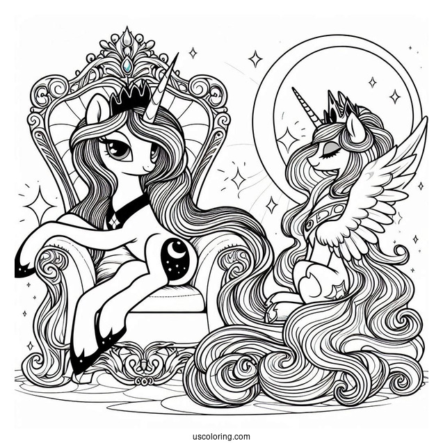 Detailed Princess Luna Coloring Page And Princess Celestia On The Throne