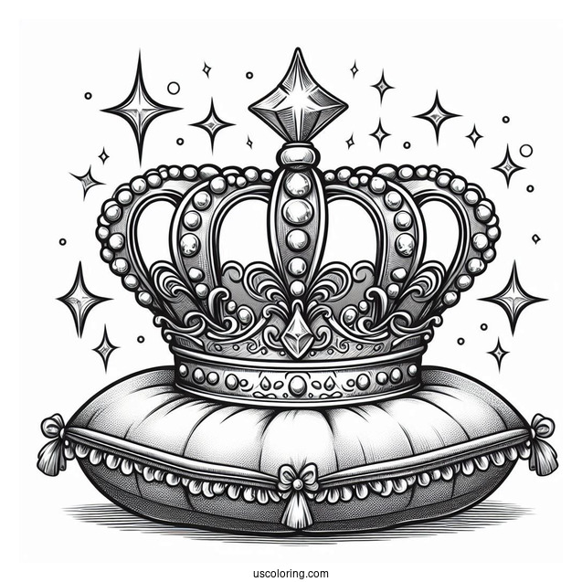 Sparkling Royal Crown Coloring Page on Velvet Pillow