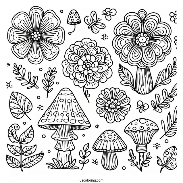 Flowers And Mushrooms Pattern Coloring Page