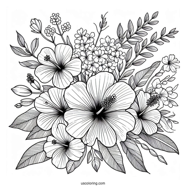 Flower Coloring Pages Of Small Bouquet Of Hibiscus, Lilies, And Wildflowers