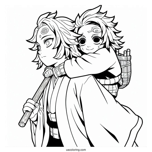 Simple Tanjiro Coloring Page Carrying Zenitsu
