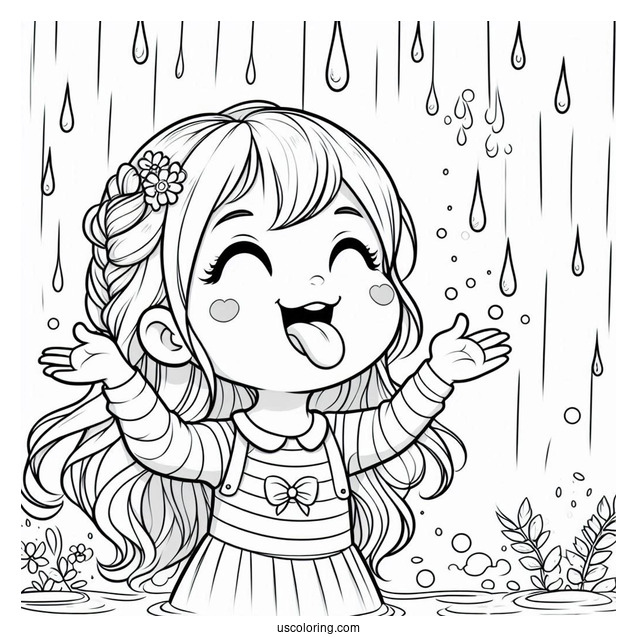 Little Girl Sticking Tongue Out To Catch Rain Coloring Page