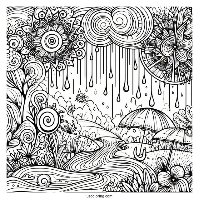 Trippy Rain Coloring Page And Flowers Art