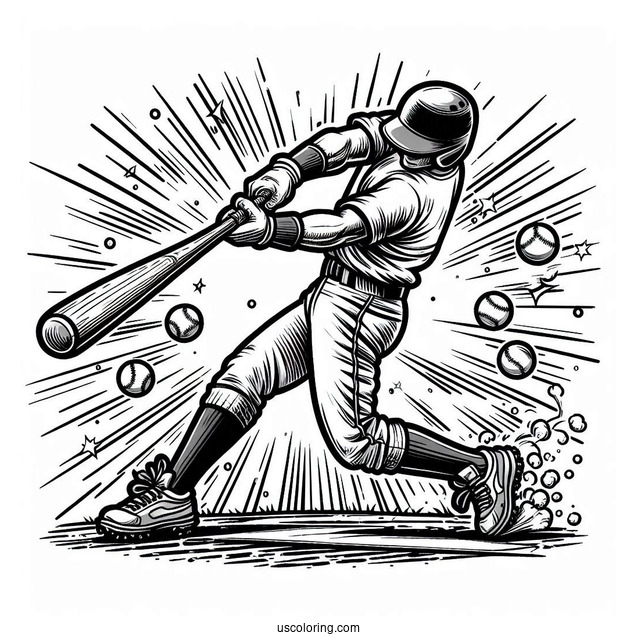 Powerful Baseball Coloring Page Of Swing with Comic Effect