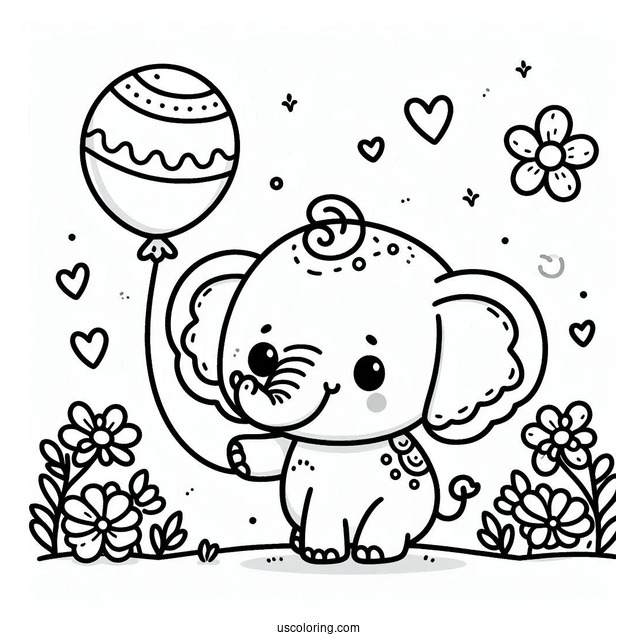 Kawaii Elephant Holding Balloon Coloring For Preschoolers