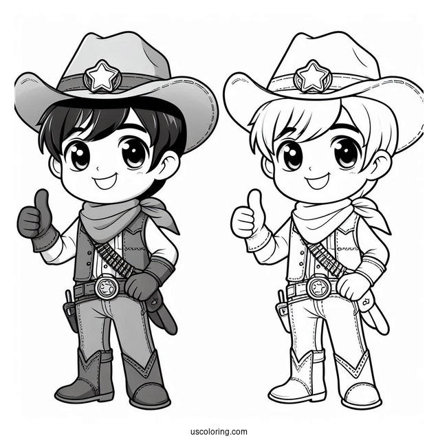 Cute Cowboy Coloring Page Giving A Thumbs Up For Preschoolers