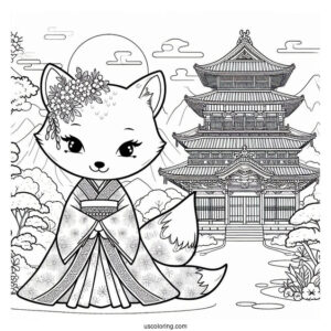 Fox Coloring Page in Kimono In Front Of Japanese Castle