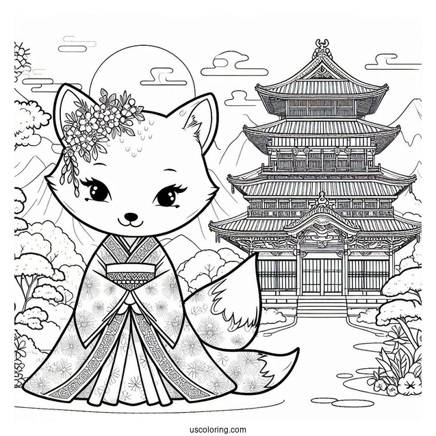 Fox Coloring Page in Kimono In Front Of Japanese Castle
