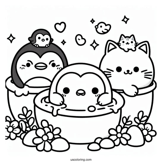 Sumikko Gurashi Coloring Page Of Penguin, Shirokuma, Neko, And Tonkatsu In Bath