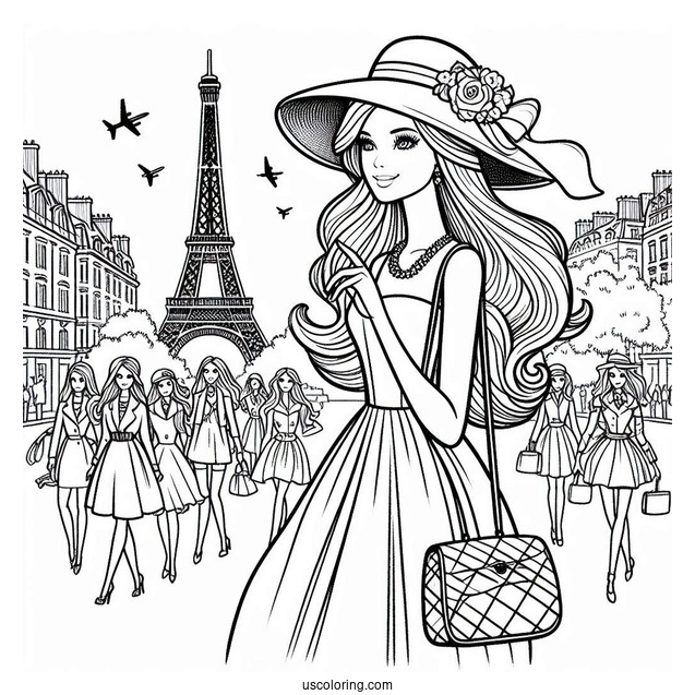 Fashionable Barbie Walkng In Paris Coloring Sheet