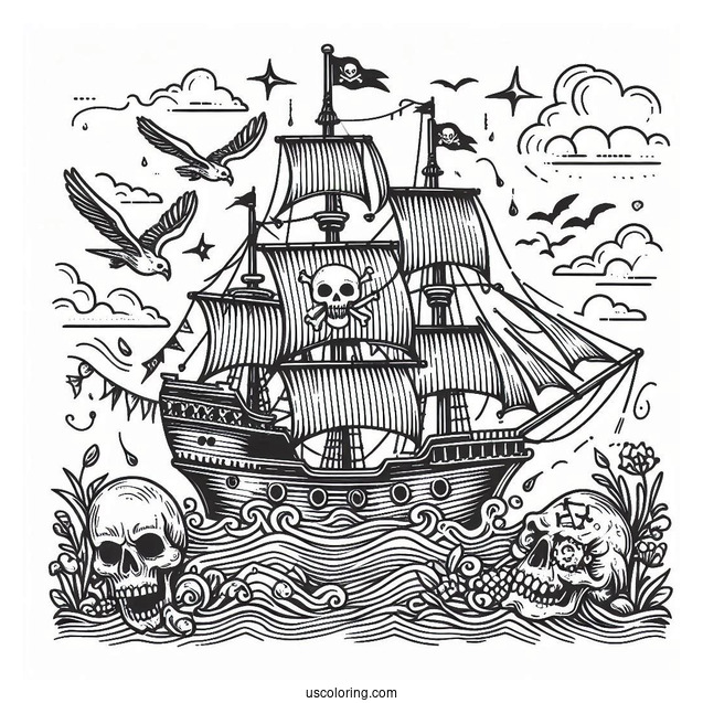 Pirate Ship With Skull And Bones Coloring Page