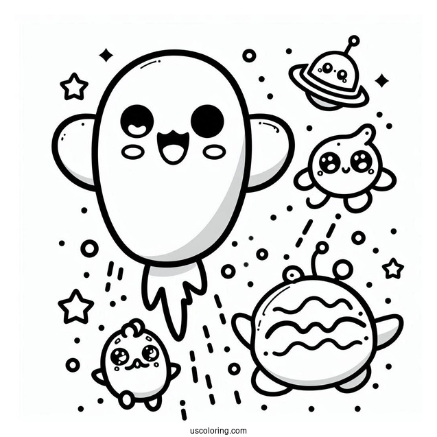 Tamagotchi Coloring Page Of Mametchi, Tomomi, And The Other Extraterrestrials Falling From The Sky