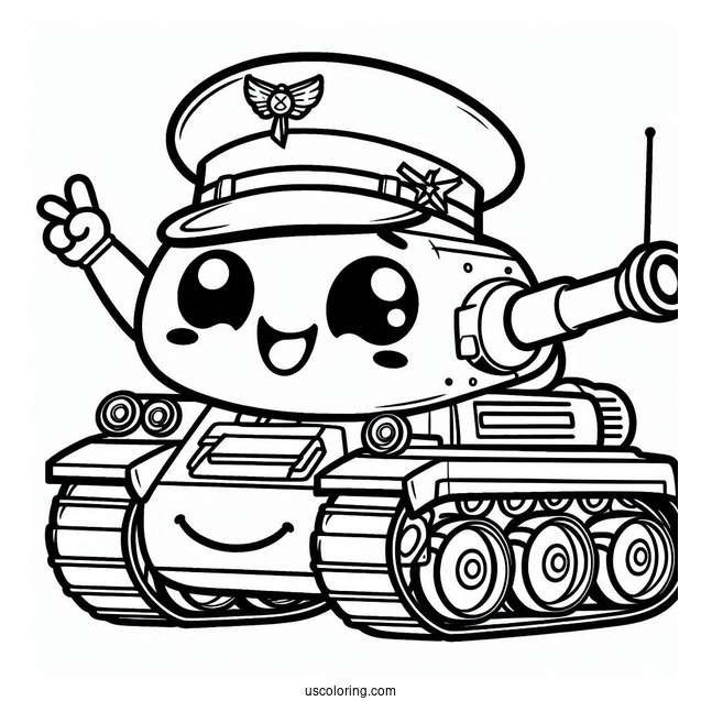Coloring Sheet of Cartoon Military Tank With Smiling Face