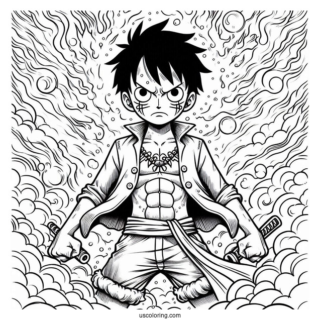 Luffy Coloring Page In Battle Mode Surrounded By Fire