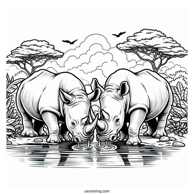 Two Rhinos Drinking Water To Color