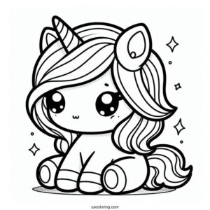Easy Kawaii Unicorn Sitting Coloring Page For Kids