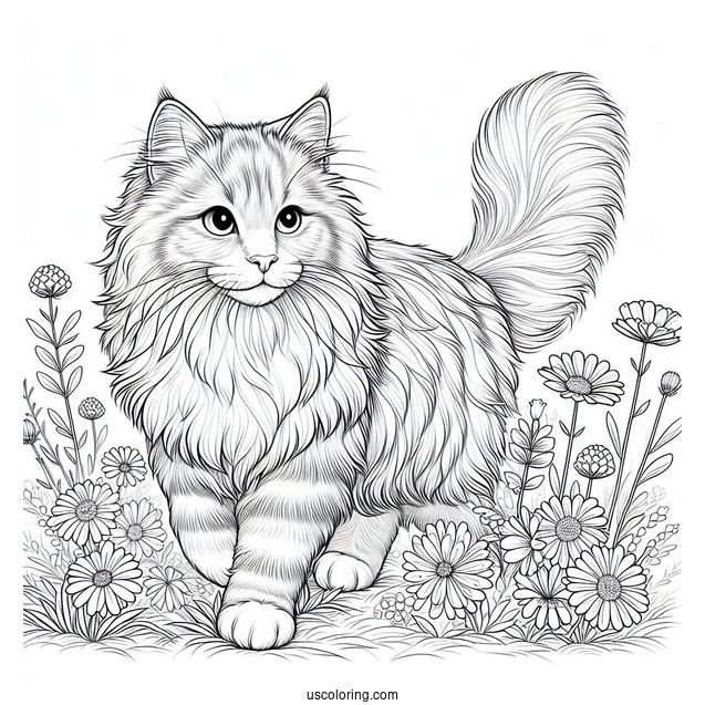 Siberian Cat Walking On Flower Field Coloring In
