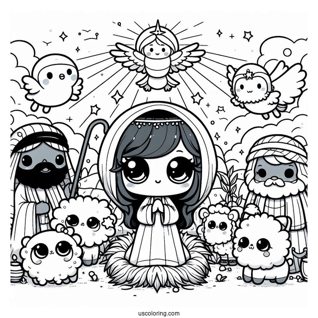 Kawaii Nativity Coloring Page With Animals Surrounding Joseph, Mary, And Jesus For Kids