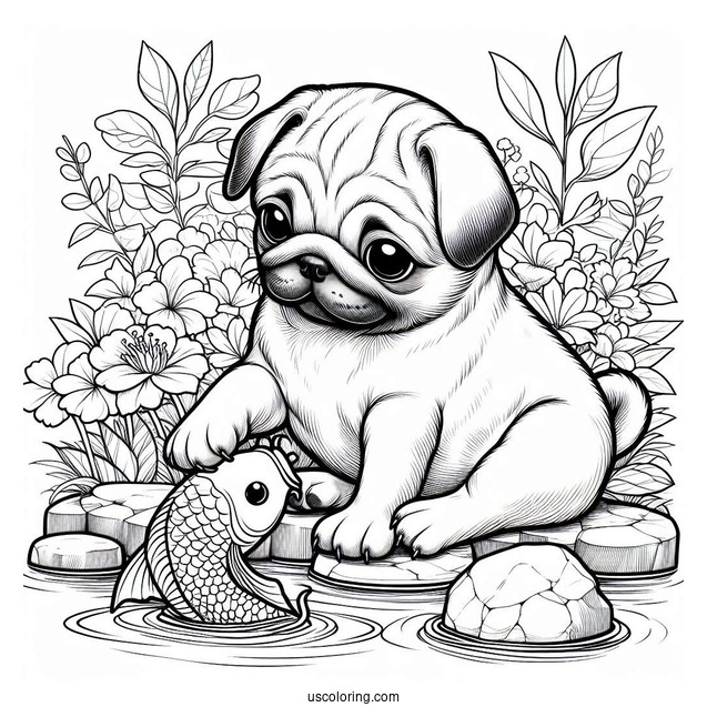 Curious Pug Coloring Page Playing with Koi Fish by the Pond