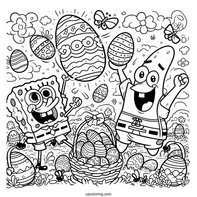 Easter Coloring Page Of SpongeBob And Patrick Star Throwing Easter Eggs