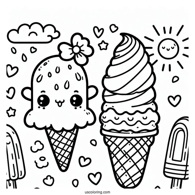 Summer Coloring Page Of Cute Ice Cream For Preschoolers