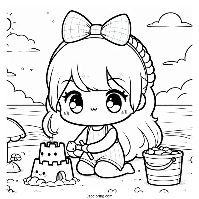 Playful Chibi Coloring Page Kid Building a Sandcastle on the Beach