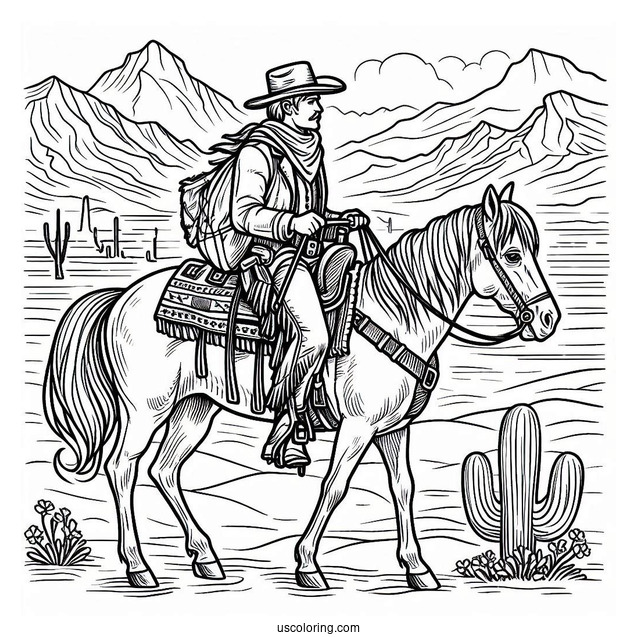 Detailed Cowboy Coloring Page And Horse In Desert