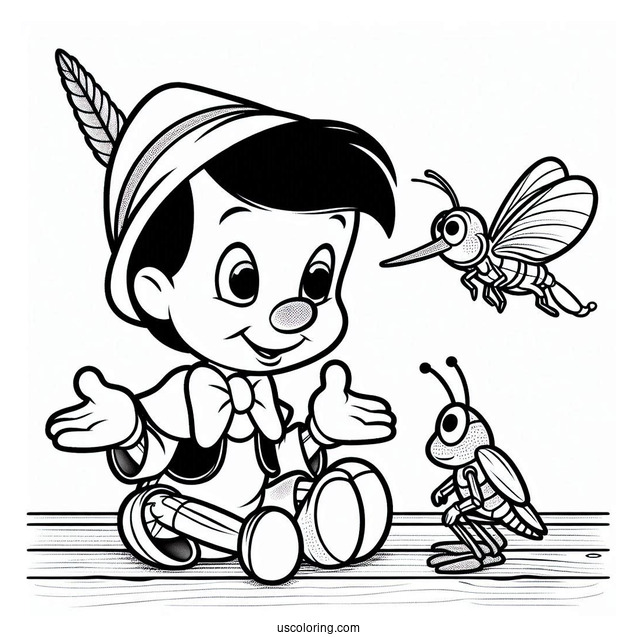 Pinocchio Coloring Page Talking To Jiminy Cricket On The Floor