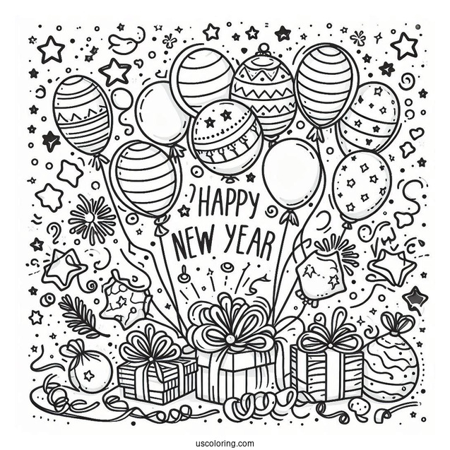Happy New Year Coloring Page Of Balloons, Stars, And Confetti