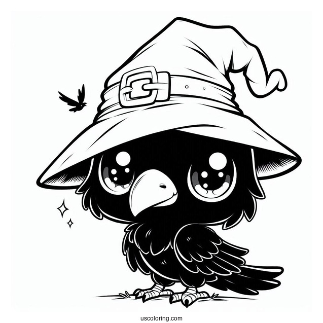 Chibi Raven Coloring Page Wearing A Witch's Hat For Kids