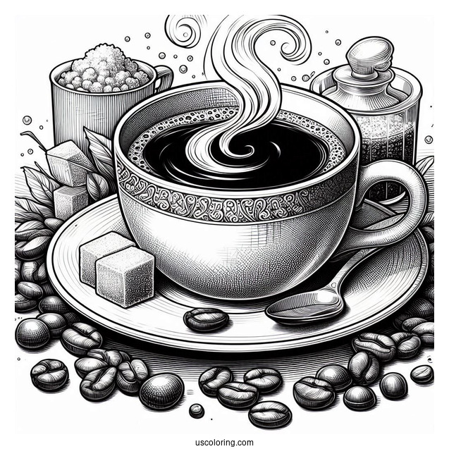 Realistic Cup Of Coffee Coloring Pages With Maracon, Sugar Cubes, And Beans