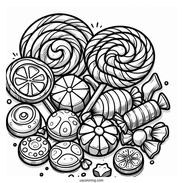 Delicious Candy And Lollipops Coloring Sheet