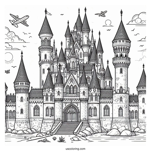 Massive Castle Coloring Page With Towers In The Corner