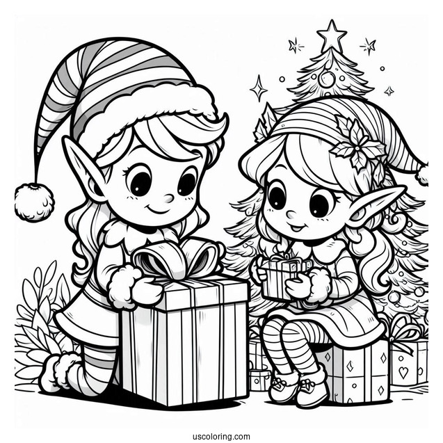 Coloring Page Of Elf Opening Present