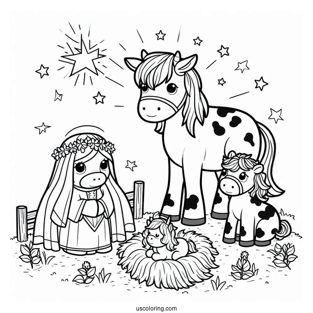 Nativity Coloring Page With Cow And Pony Surrounding Jesus