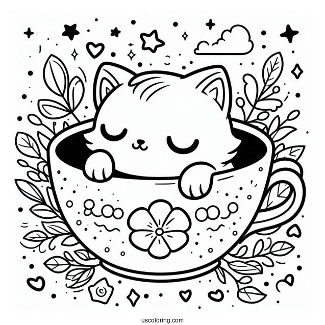 Sleepy Chibi Coloring Page Cat Resting Inside a Teacup For Preschoolers