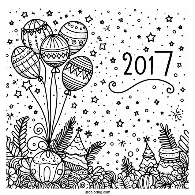 Happy New Year Coloring Page Of Balloons, Stars, And Confetti