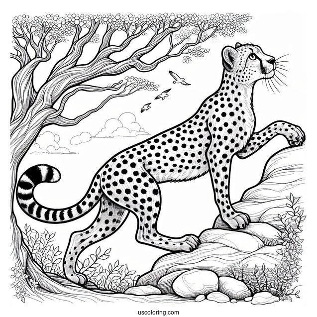 Detailed Cheetah Coloring Page Climbing Tree