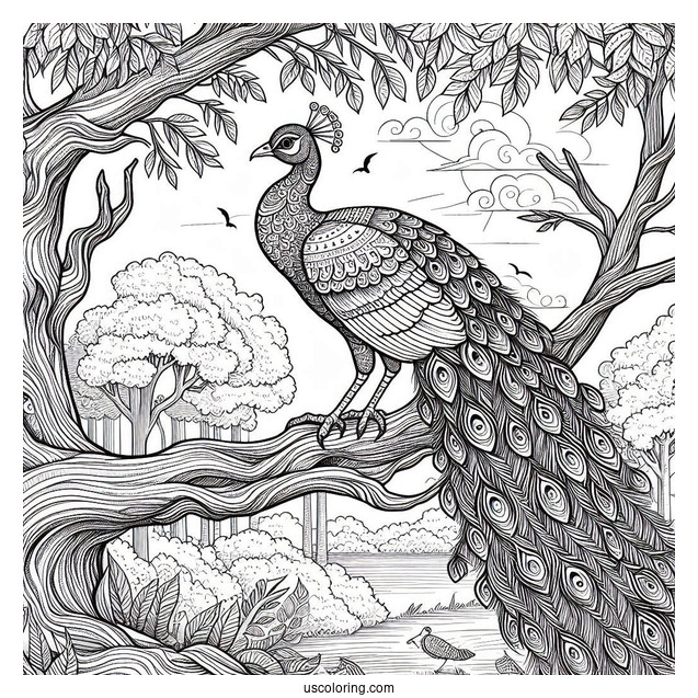 Realistic Peacock Coloring Page on Tree Branch in Forest For Adults