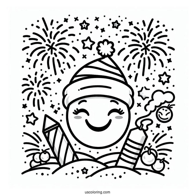 New Year Coloring Page Of Smiling Emoji With Fireworks And Stars