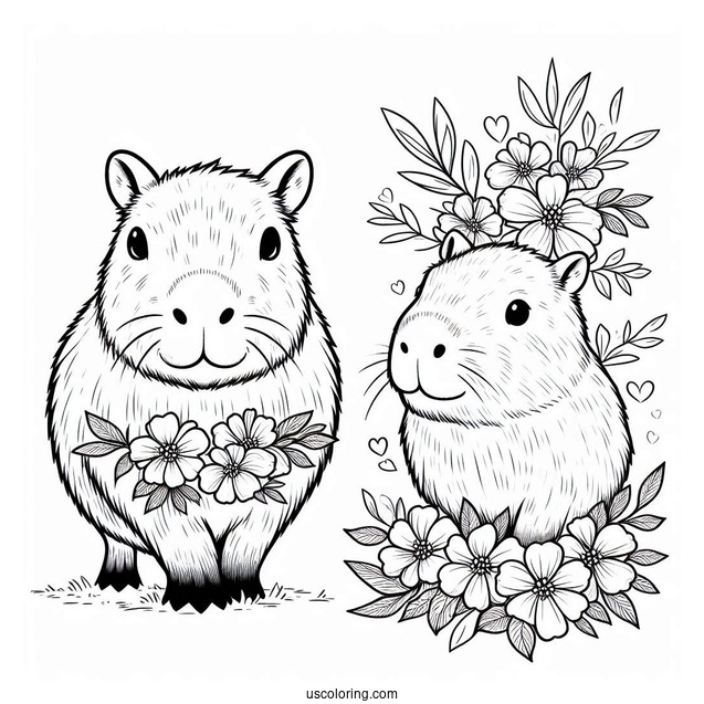 Cute Capybara Coloring Page With Flowers For Kids
