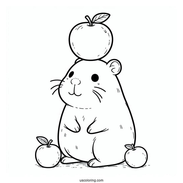 Baby Capybara Coloring Page Balancing Three Apples On Its Head For Kids